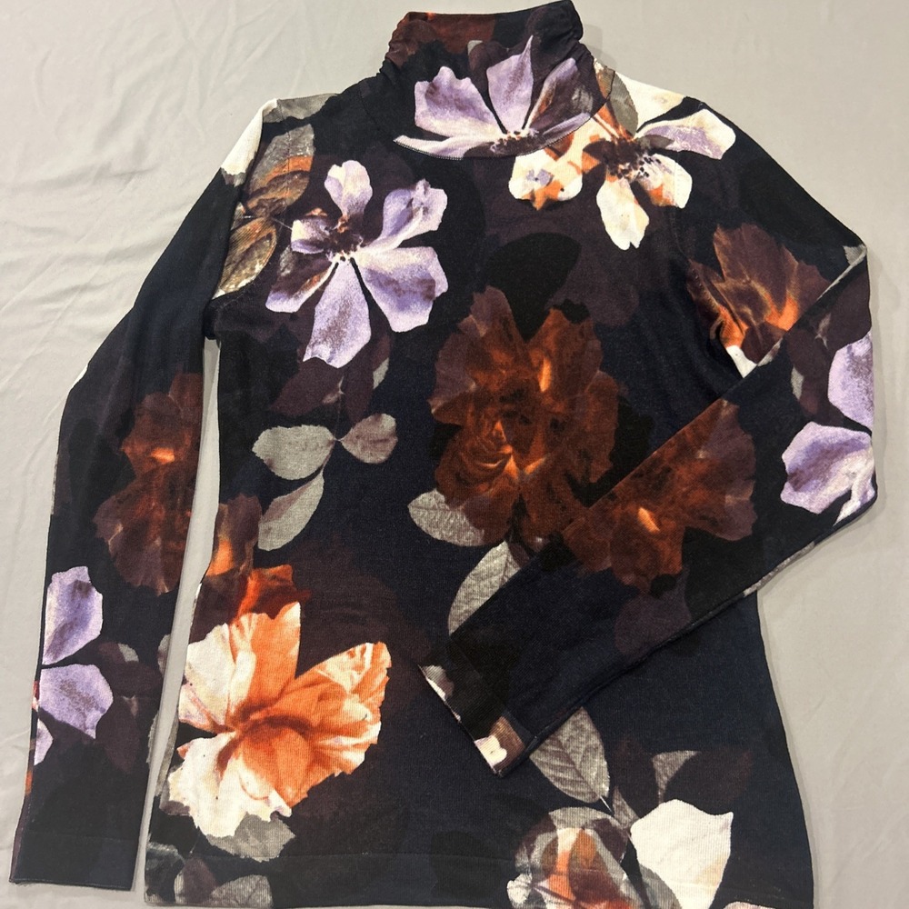Context Lord And Taylor's‎ Women's Navy Floral Thin Sweater Mock Turtle Neck PS